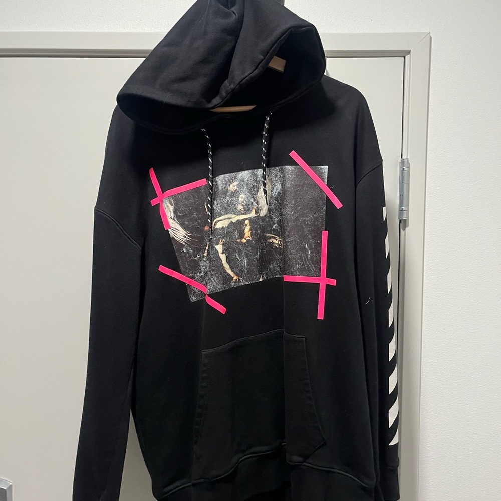 Off white Black Hoodie with Graphic and Pink Accents